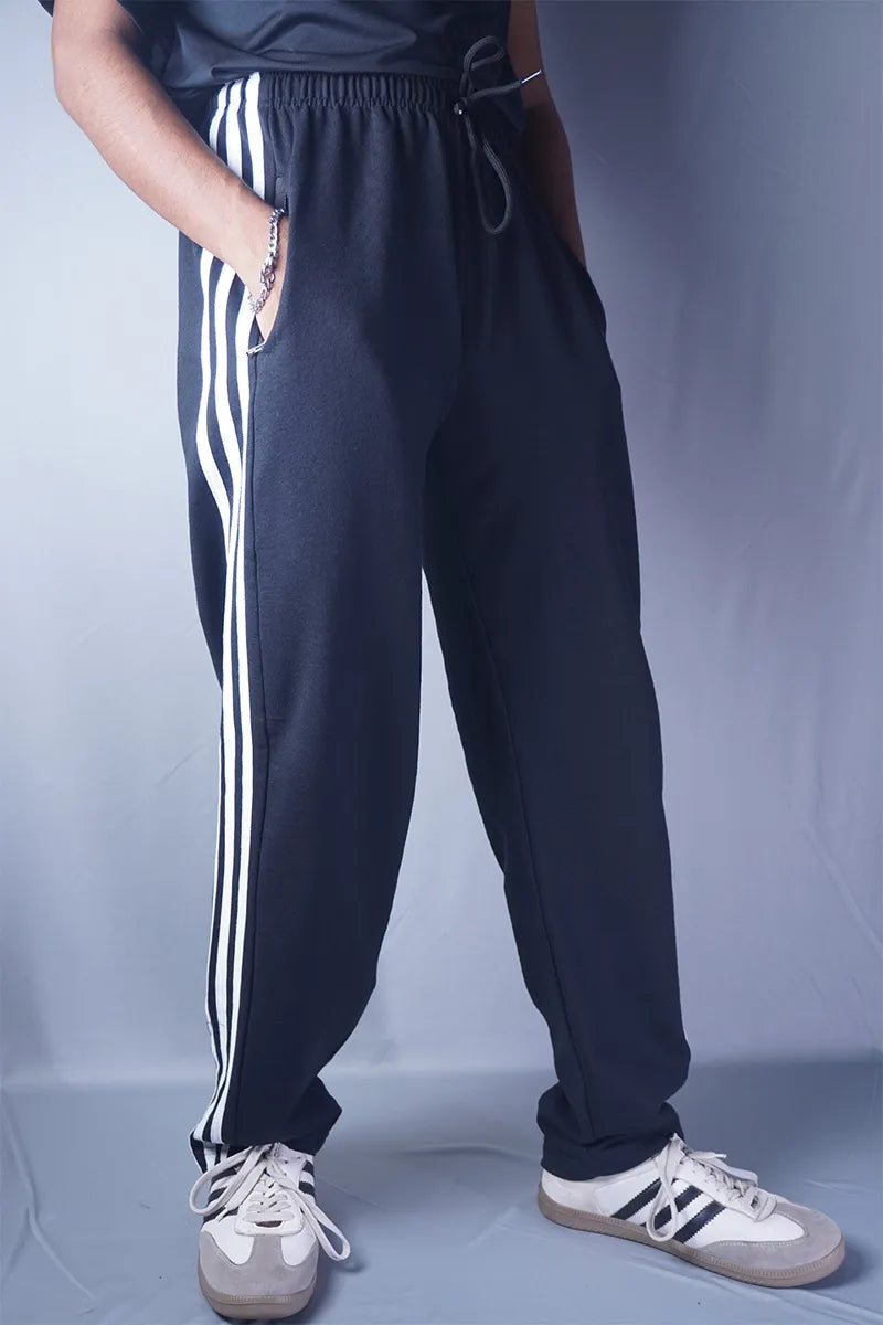 Cotton Stripes Track Pant - Black