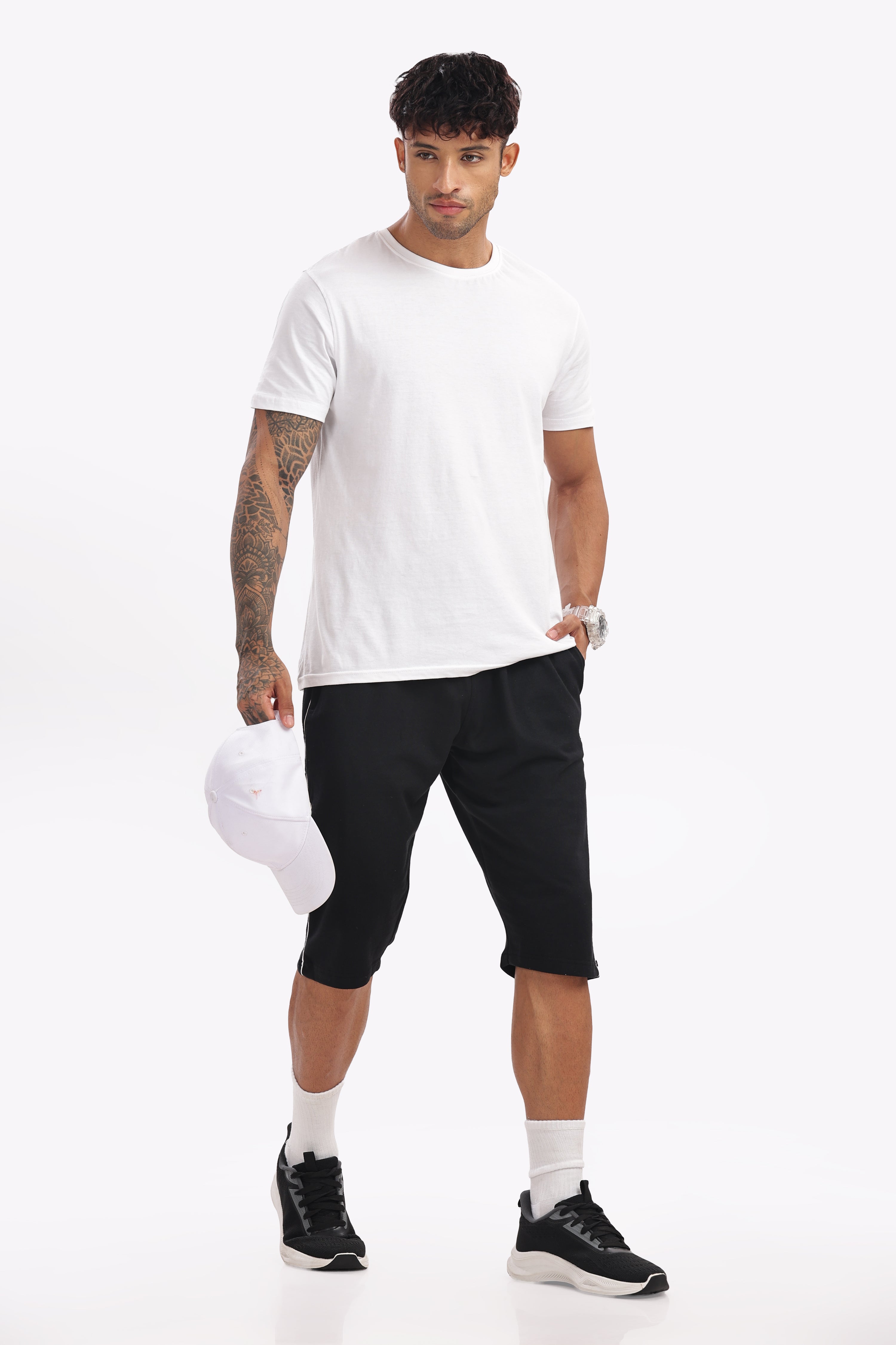 Men’s 3/4 Shorts Pack of 3 (Black, Navy, White Melange) | Cotton Blend Knee-Length Shorts for Gym, Running & Casual Wear