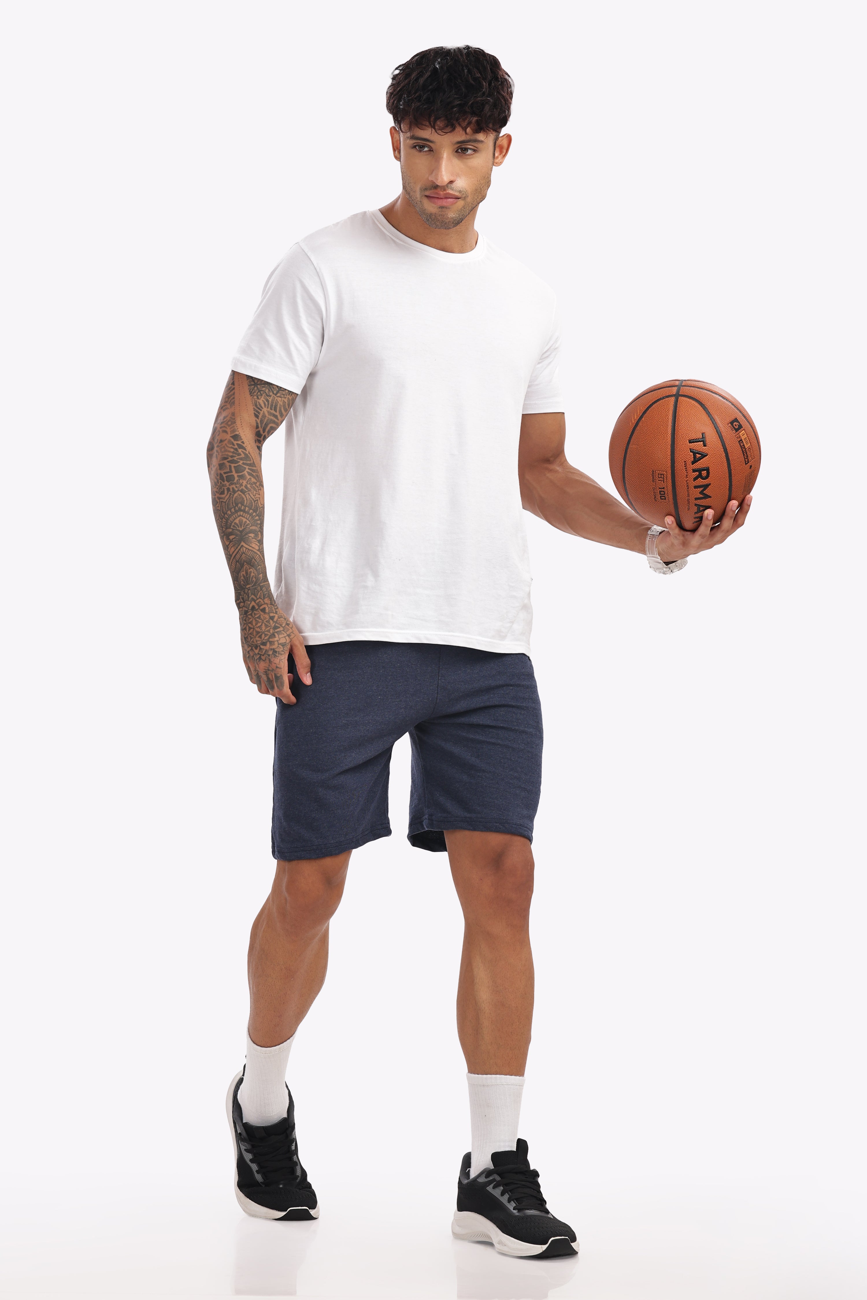 Men’s Premium Navy Melange Cotton Shorts – Textured Fabric, Soft & Lightweight