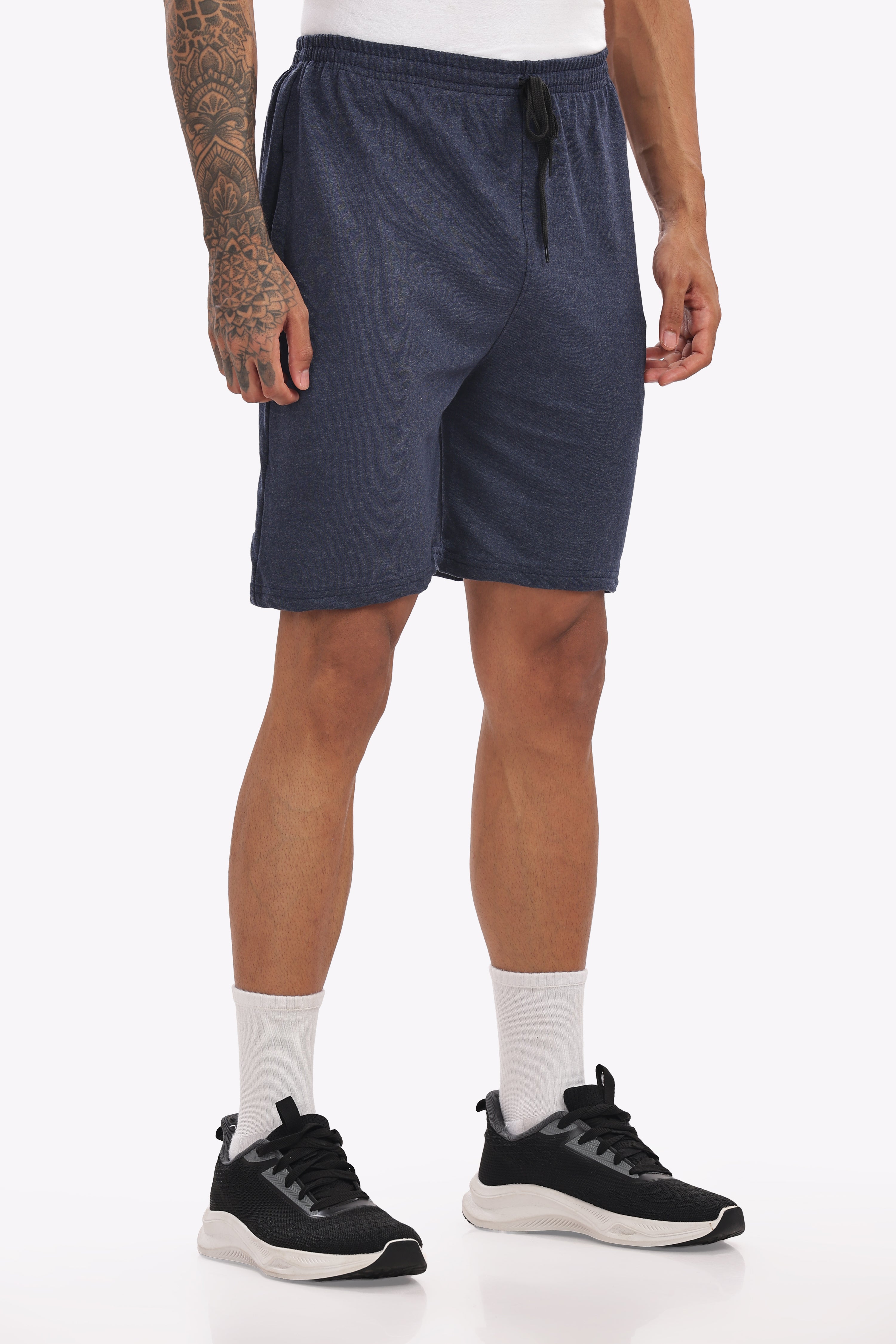 Men’s Premium Navy Melange Cotton Shorts – Textured Fabric, Soft & Lightweight