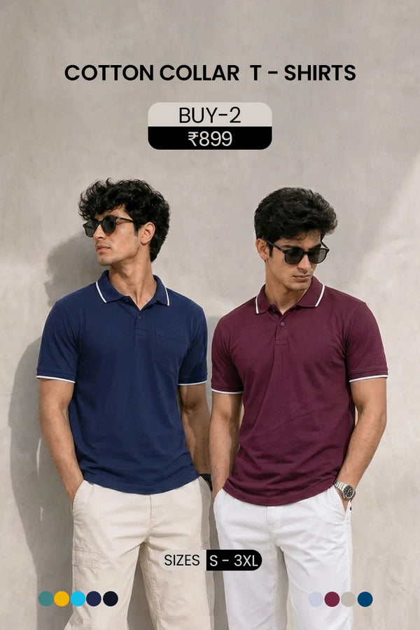 Cotton Collar T-Shirt - 2 Pcs Combo