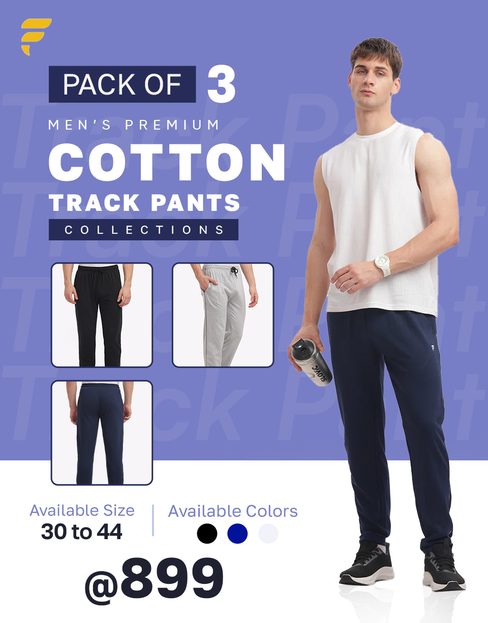 Fitobee Men’s Premium Cotton Track Pants – Pack of 3 (Black, Navy & White Melange)