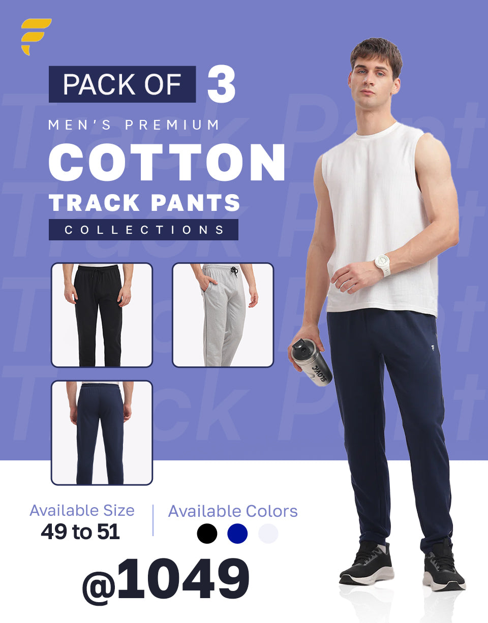 Fitobee Men’s Premium Cotton Track Pants – Pack of 3 (Black, Navy & White Melange) | Oversized