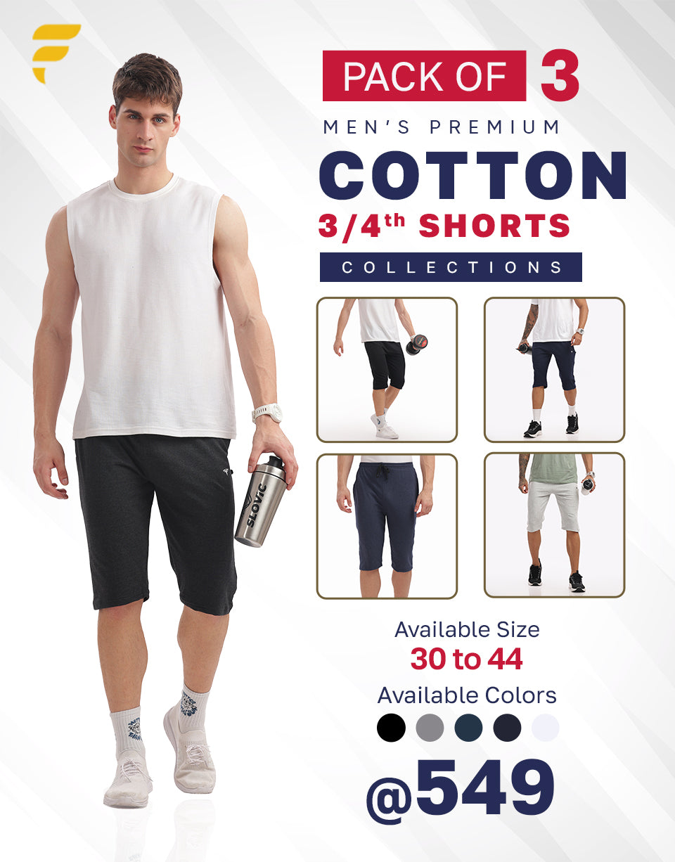 Men’s Cotton 3/4th Shorts – Pack of 3 | Breathable Knee-Length Casual Shorts