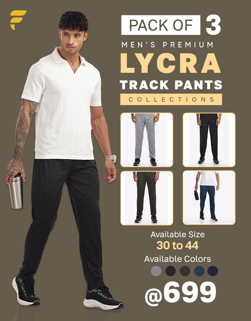 Men’s Lycra Track Pants Combo (Pack of 3) | Assorted Colors – Navy, Black, Melange | 200 GSM Regular Fit Joggers for Gym, Casual & Lounge Wear